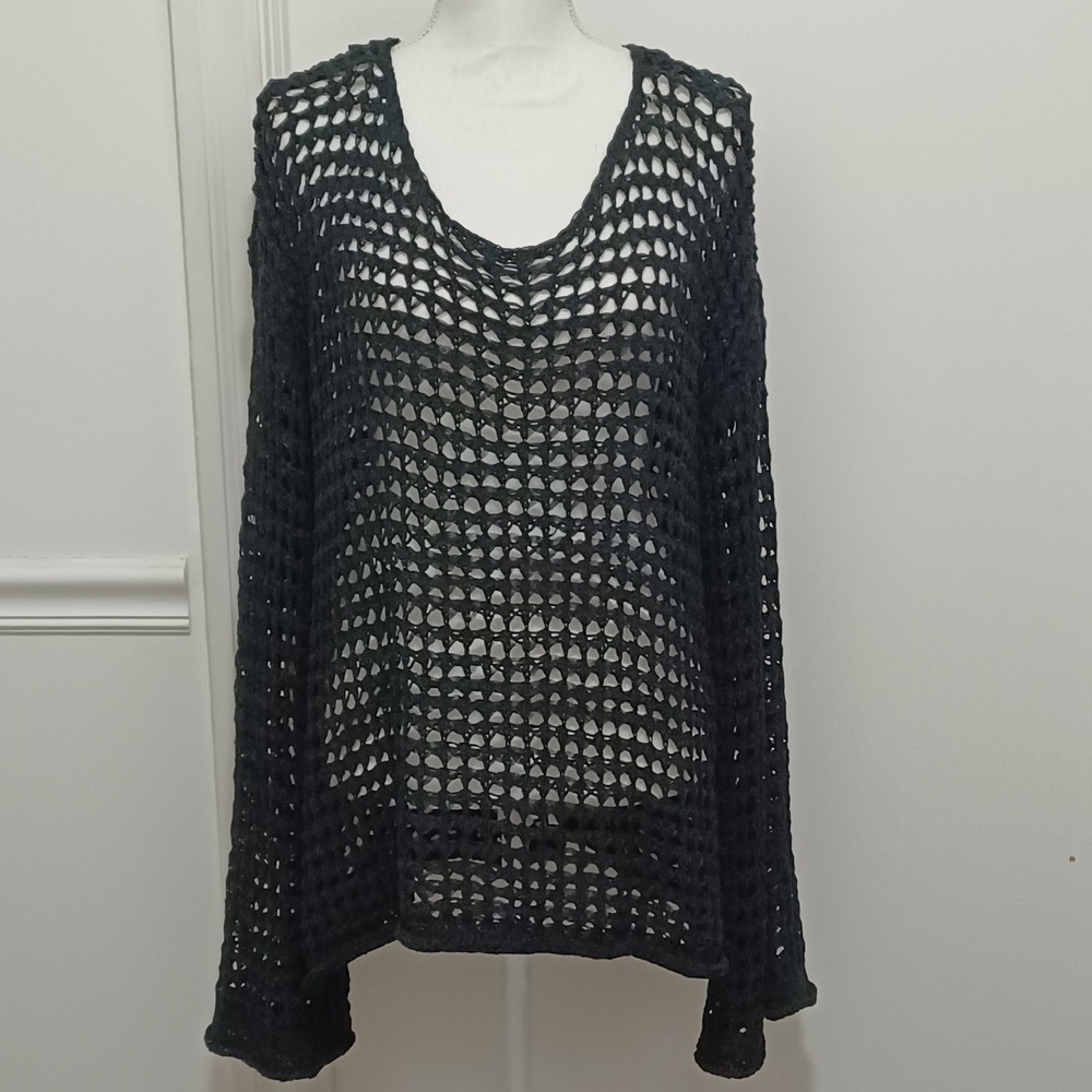 Lavish Womens Black Open Crochet Knit Long Sleeves Oversized Top Cover Up Sz Lg